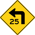 W1-1aL Turn with speed advisory (left)