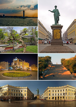 Clockwise from top left: Vorontsov Lighthouse; Monument to the Duc de Richelieu; Potemkin Stairs; Square de Richelieu; Opera and Ballet Theatre; and city garden
