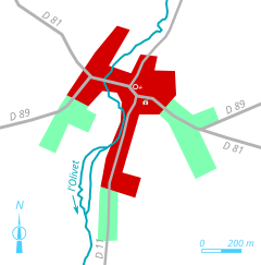 Carte en couleur représentant les étapes de développent du bâti d'un bourg.