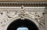 This sculpture by Nicolas Bachelier on a drawing by Jean Rancy (eastern portal of the Henri IV courtyard of the Capitole, 1546) evokes Lady Tholose and/or Pallas. It is shown with a lamb (element of the Toulouse coat of arms), whereas an owl was originally at the end of the staff which now bears an Occitan cross.