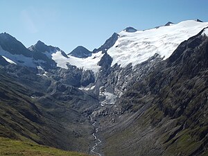 Der Rotmoosferner mit dem Wasserfallferner (rechts) von der Hohen Mut aus gesehen