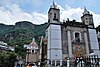 The church of the sanctuary of Chalma with hills in the background in Chalma, Malinalco, Mexico State