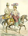 French illustration of a Spanish-Filipino mestizo couple c. 1846, showing the traditional way of wearing the tapis by the ladies