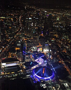 Aerial view of L.A. Live and Crypto.com Arena at night