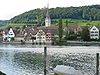 Vue panoramique de Stein am Rhein, comprenant l'abbatiale Saint-Georges