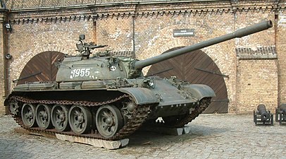 Soviet T-55 tank with "slack track" and rear drive sprocket