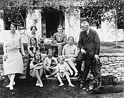 The Mitford family in 1928; Front row, from left to right, the mother Sydney Bowles, the daughters Unity, Jessica and Deborah, the father David Freeman-Mitford, 2nd baron Redesdale; second row, Diana and Pamela; back row, Nancy and Tom.