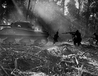 United States Army soldiers hunt Japanese infiltrators during the Bougainville campaign, by the United States Army