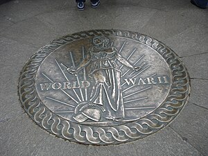 A seal on the floor of the memorial using the World War II Victory Medal design