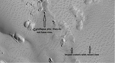 Close-up of crater deposit that shows both impact craters and pit craters caused by collapse. Image taken by HiRISE under the HiWish program.