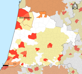 Localisation de l'aire d'attraction de Biscarrosse dans le département des Landes.