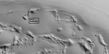 Close view of pits forming in crater floor deposit. The box shows the size of a football field for scale.