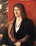 Portrait of Oswolt Krel, 1499, oil on limewood, 49.6 × 39 cm, Alte Pinakothek, München. Krel was a merchant from Lindau