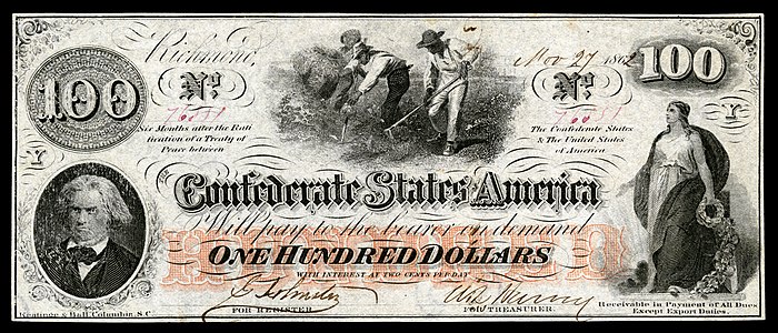 One-hundred Confederate States dollar (T41), by Keatinge & Ball