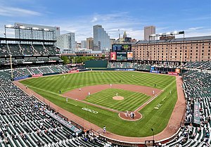 View of a baseball stadium, taken from the upper deck and looking out over the field from center.