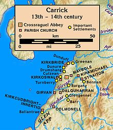 Map of Carrick, sea and rivers in blue with land going from brown to green depending on topography (brown higher, green lower); parish churches, major settlements and the monastery of Crossraguel are depicted on their locations