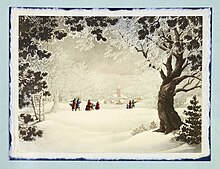 A Christmas card shows a white Christmas, with personified snow.