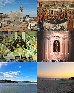 On the left, from the top: the historical center, the "Naca", the mouth of River Crocchio; On the right, from the top: the "Dormitio Virginis", the church of Santa Caterina, the beach in Cropani Marina