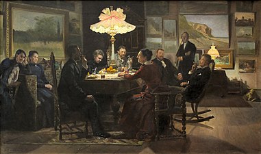 Konstnärerna Emma Meyer, Louise Ravn-Hansen, Marie Luplau, Thorvald Niss, Carl Aarsleff, Carl Thomsen med maka samt linguist Vilhelm Thomsen och pastor Daniel Luplau, cirka 1893.