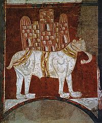 A fresco depicting a white male animal with four legs with footplants, a trunk, no tusks, small ears and a castle on his back.