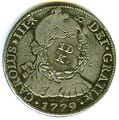 Anverso de moneda de 8 reales (plata) de Carlos III de 1779 resellada en Hawái.