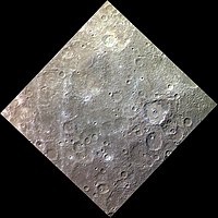 Approximate color image of the surface of Mercury. Giambologna is at top center. The prominent crater at right is Hawthorne.