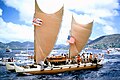 Hokule'a, a bluewater waʻa kaulua, with curved-spar, curved-leech crab claw sails, in 1976.