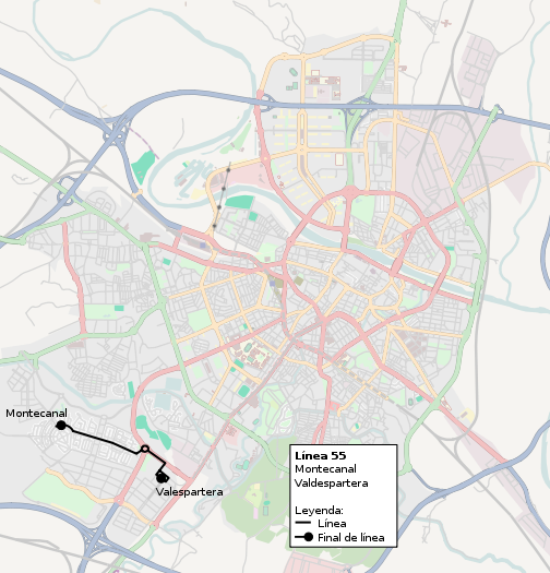 Recorrido de la línea 55 de TUZSA en la ciudad de Zaragoza.