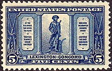 The statue of a minuteman, reproduced upon a blue, five-cent stamp