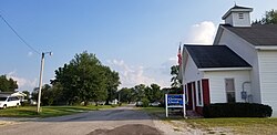 Looking up Main Street in Saltillo, Indiana. Saltillo Christian Church is visible in the foreground.