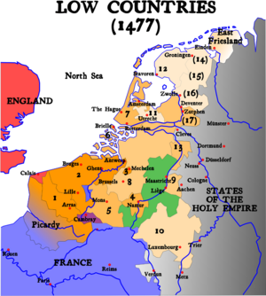 1477년 pays de par deça (고지대)라고 알려진 저지대의 부르고뉴 영토, pays d'embas (저지대)는 합스부르크의 통치가 이뤄졌다