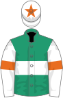 Emerald green, white hoop, white sleeves, orange armlets and star on white cap