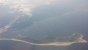 Sandy Hook seen from an airplane (looking west) on its approach to JFK International Airport in New York City