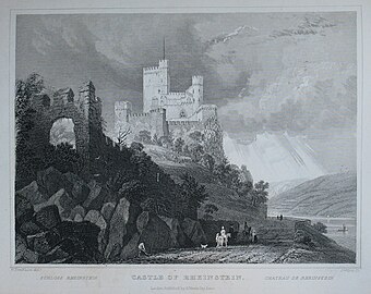 Burg Rheinstein um 1832 auf einem Stich nach William Tombleson von Süden