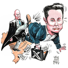 The cartoon by Carlos Latuff depicts Alexandre de Moraes kicking Elon Musk. Musk is shown falling forward, holding a briefcase with the X logo. The briefcase has papers labeled "fake news" flying out of it.