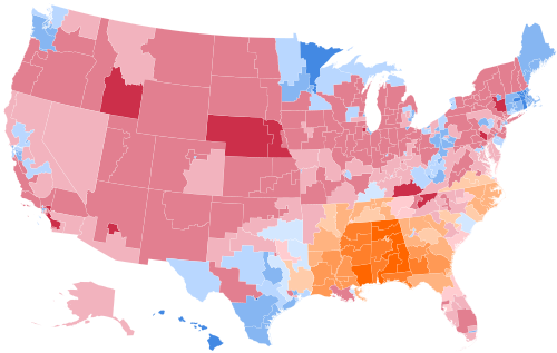 Results by district, shaded according to winning candidate's percentage of the vote