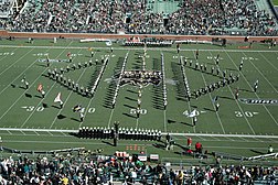 Diamond Ohio is made of a capital "H" with an "I" in the middle surrounded by two triangle shapes pointing away from the center giving the appearance of spelling out Ohio on the field.