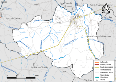 Carte en couleur présentant le réseau hydrographique de la commune