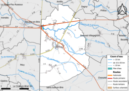 Carte en couleur présentant le réseau hydrographique de la commune