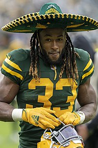 Jones with the Packers in 2021, wearing his signature sombrero