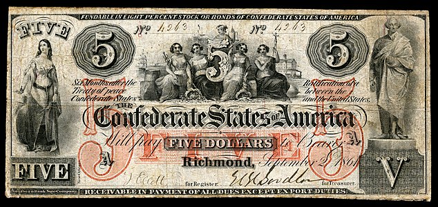 Five Confederate States dollar (T31), by the Southern Bank Note Company