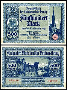 Five-hundred mark at German Papiermark, by the Free City of Danzig