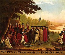 Oil painting of William Penn signing a peace treaty with Tamanend of the Lenape tribe