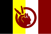 A black, yellow, white, and red flag with and image of a hand displaying a peace sign and the profile of a man's face.