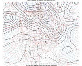 A prognostic chart of the North American continent provides geopotential heights, temperatures, and wind velocities at regular intervals. The values are taken at the altitude corresponding to the 850-millibar pressure surface.