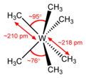 Stereo, skeletal formula of hexamethyltungsten with all implicit hydrogens shown, and assorted dimensions