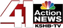 A large 41 in white with a red border next to a black box trimmed in red with the words "Action News" on two lines, the NBC peacock atop them, a red accent line, and the letters K S H B-TV in black beneath