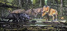 Painting of various dinosaurs in a swamp area