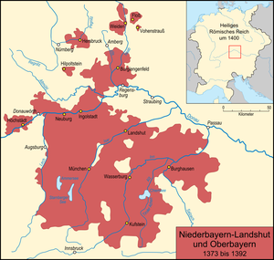 Бавария-Лансгут в 1363—1392 (включая Мюнхен и Ингольштадт, но без Штраубинга)