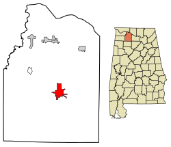 Location of Moulton in Lawrence County, Alabama.